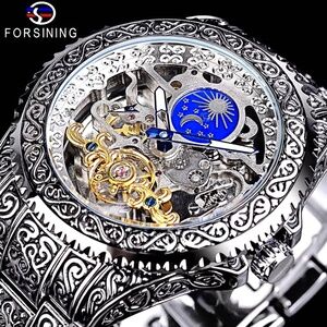 Forsining Skeleton Carved Tourbillon Mechanical Watches Moon Dial Mens Watch